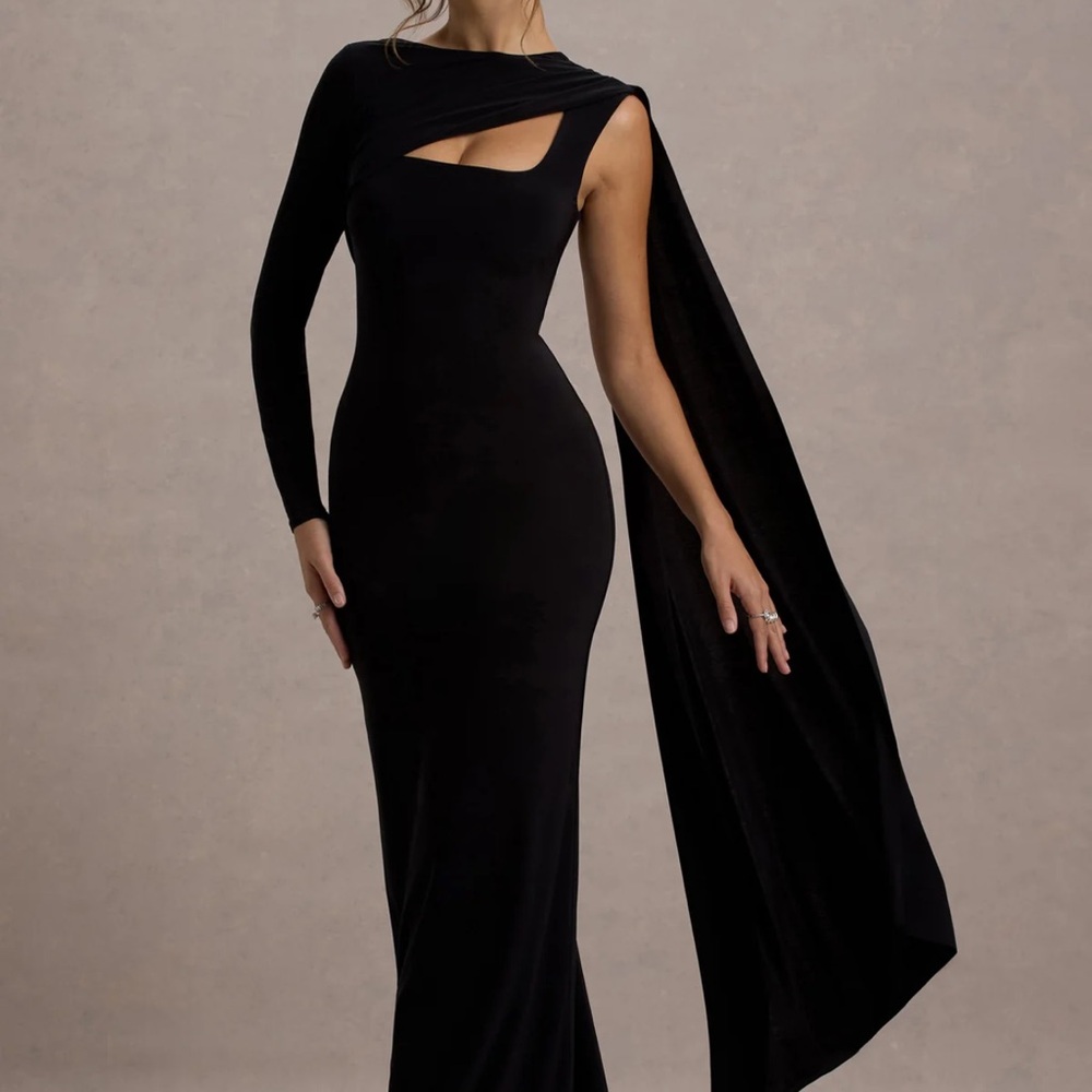 Club London ASHINI Black One-sleeve Maxi Dress with Cape